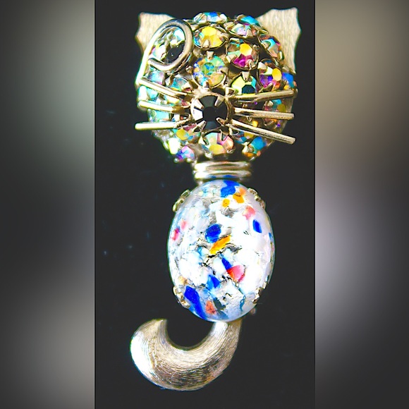 WARNER KITTY CAT BROACH MID CENTURY VINTAGE AURORA BOREALIS SPECKLED CABOCHON - Picture 4 of 8